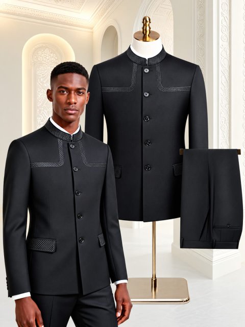Black Stand-Collar Suit with Patterned Trim