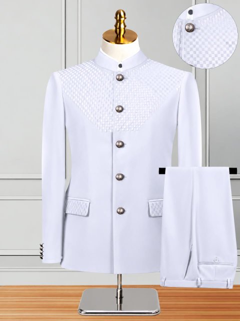 White Stand-Collar Suit with Checkerboard Detail
