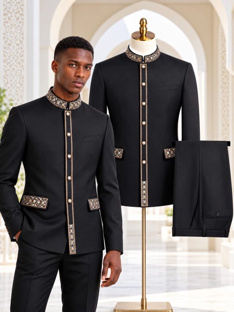 Black Suit with Gold-Tone Geometric Trim
