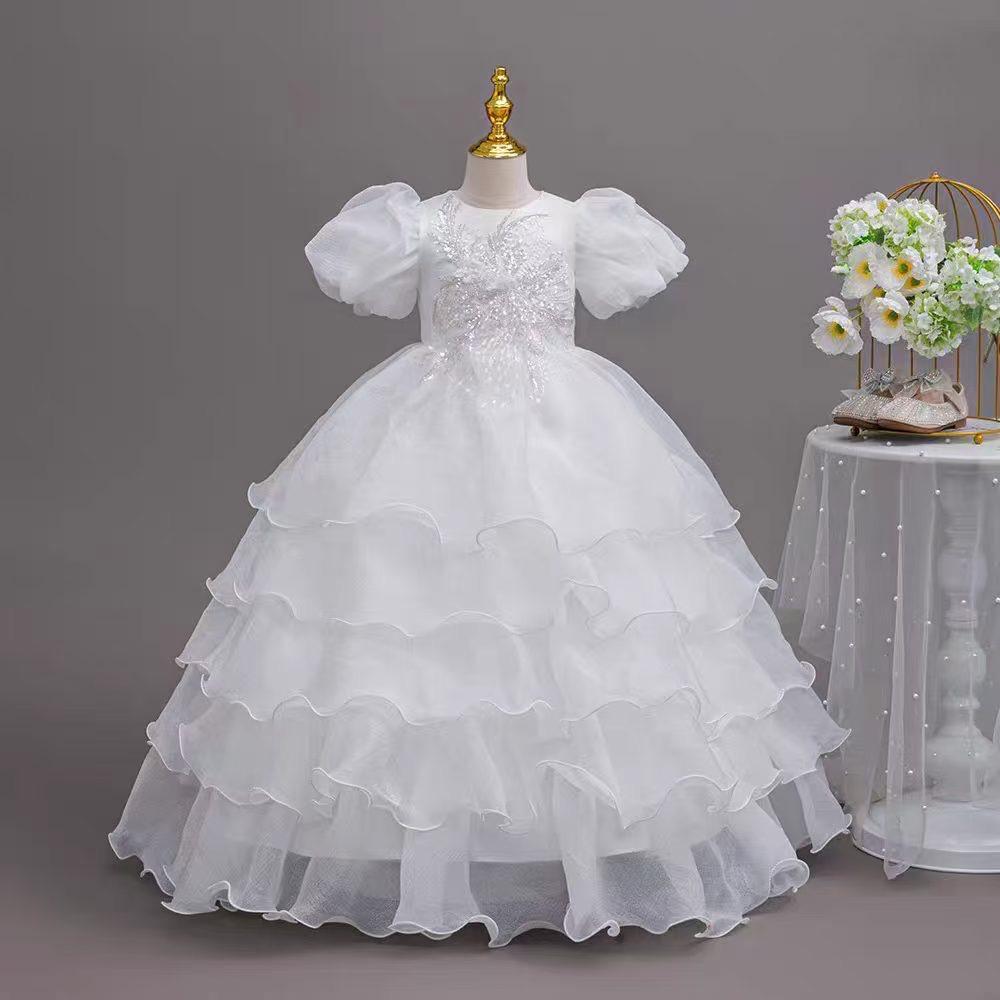 Girls' White Layered Princess Party Dress