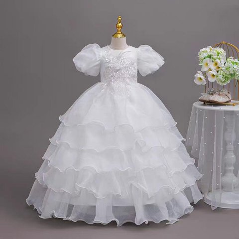 Girls' White Layered Princess Party Dress