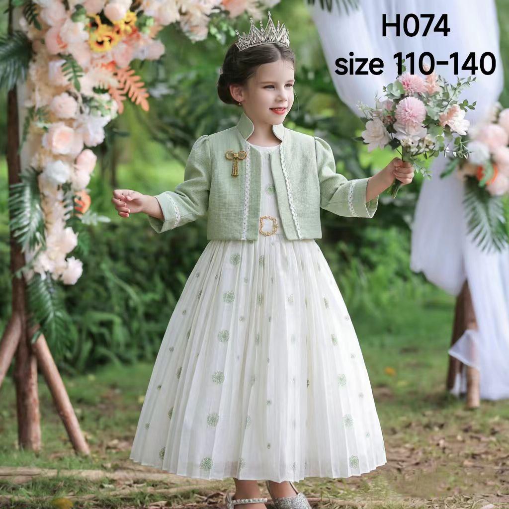 Girls' Green & White Formal Dress with Jacket — Style H074