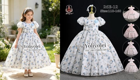 Girls' Blue Floral Puff-Sleeve Dress — Style 26E-12