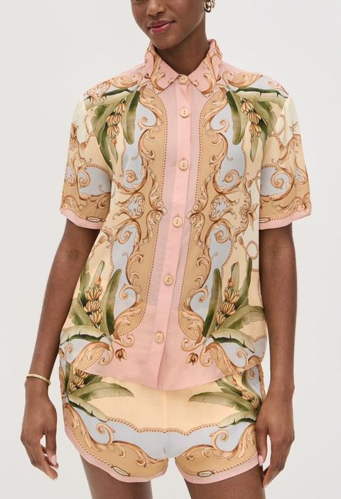 Pink Botanical Scroll Print Shirt & Shorts Set