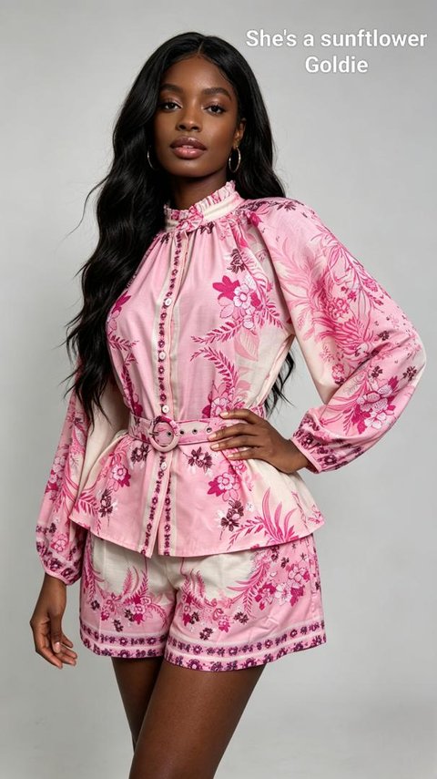 Pink Floral Belted Blouse & Shorts Set