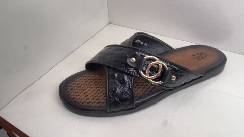 Black Cross-Strap Slides with Gold-Tone Rings