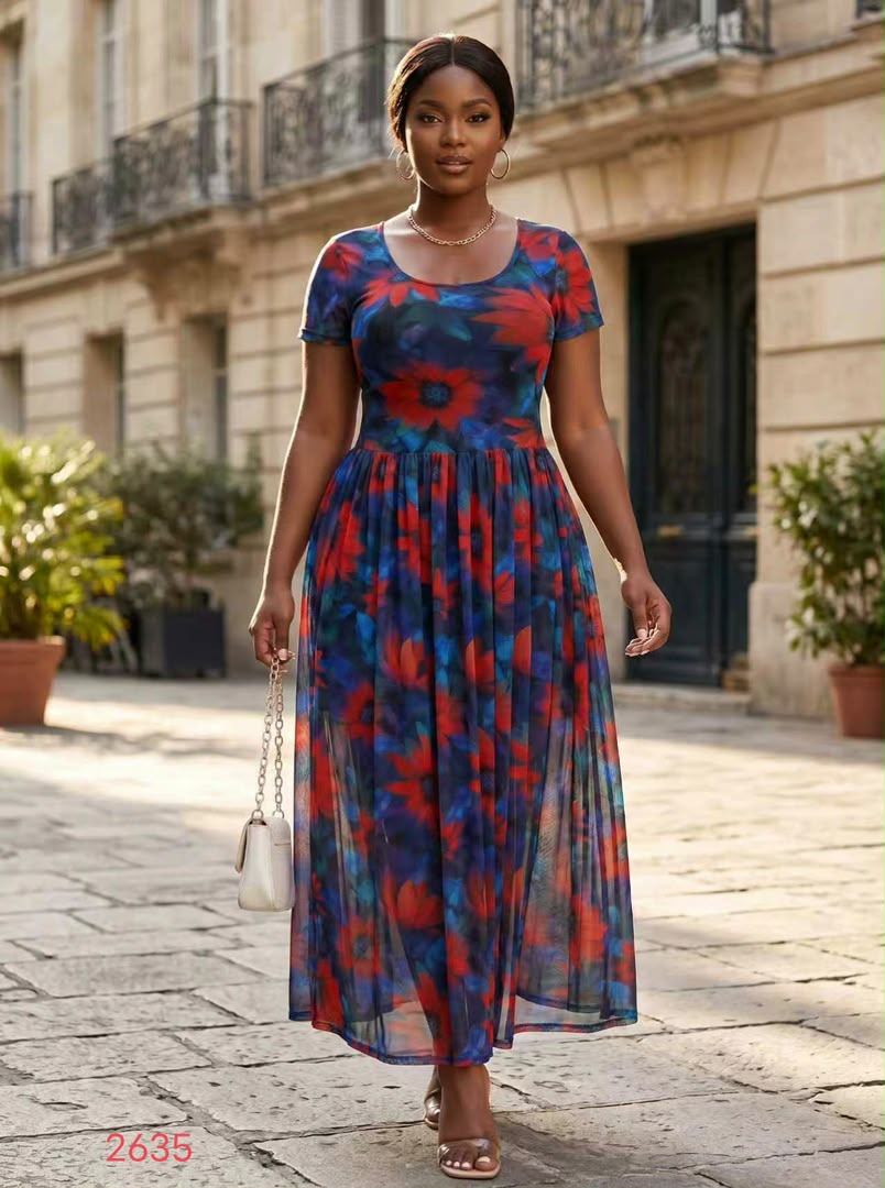 Navy & Red Floral Short-Sleeved Maxi Dress