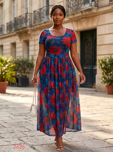 Navy & Red Floral Short-Sleeved Maxi Dress