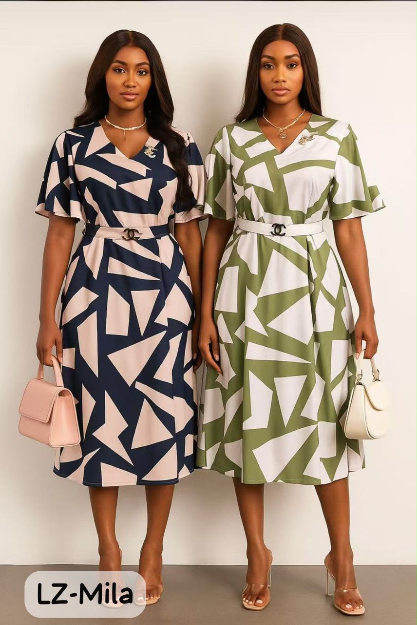 Geometric Print Belted Midi Dress