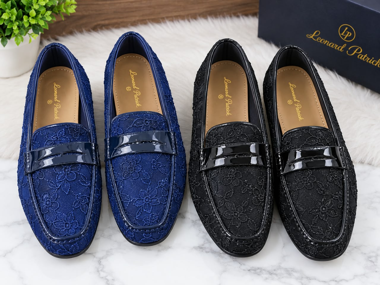 Floral-Textured Loafers with Glossy Straps