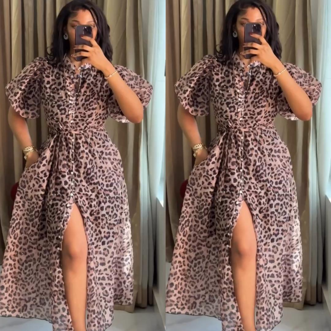 Pink Leopard Print Puff Sleeve Shirt Dress