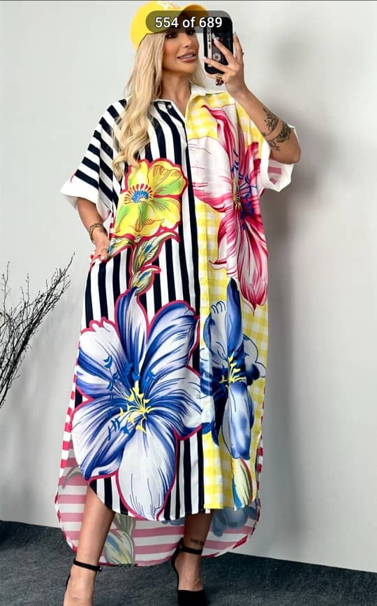 Multicoloured Floral & Stripe Maxi Shirt Dress