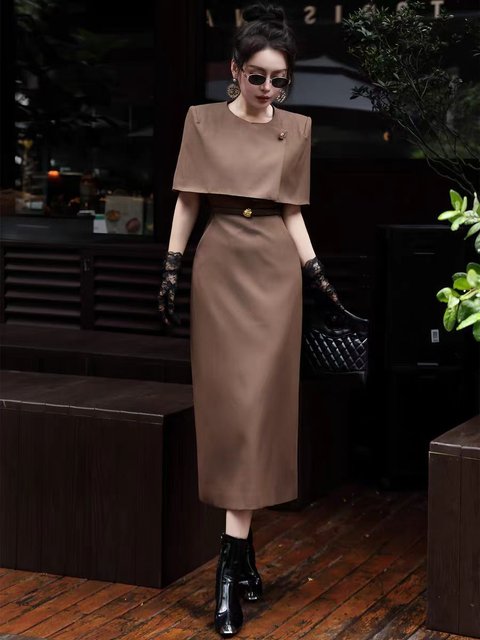 Taupe Cape-Style Midi Dress