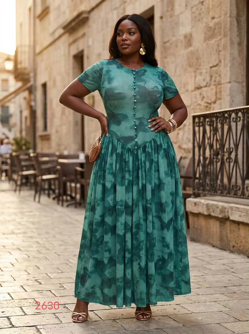 Teal Abstract Print Short-Sleeve Maxi Dress