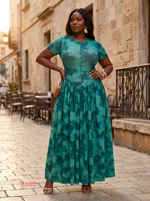 Teal Abstract Print Short-Sleeve Maxi Dress