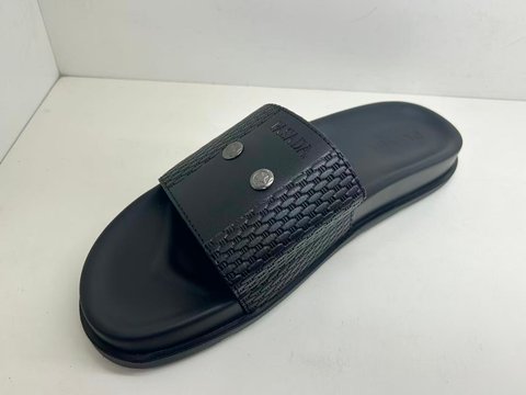 Black Textured Slide Sandal with Silver-Tone Studs
