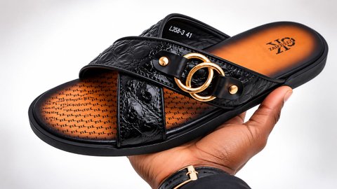 Black Croc-Effect Cross-Strap Slides with Gold Rings